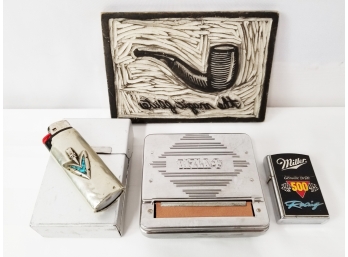 Vintage Rizla Tobacco Rolling Machine, Miller 500 Racing Zippo, Arrowhead Lighter Case & More