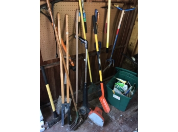 Shed Of Garden Tools See Photos And Supplies Edger, Spreader, Rakes, Axe Shovels, Sprinklers Hoses