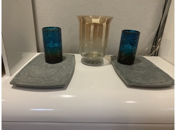 Decorative Candleholders Along With Two Stone Tray