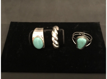 Three Silver Tone And Turquoise Bracelets
