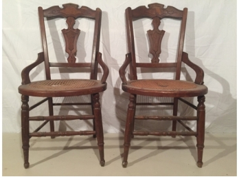 Antique Pair Of Woven Cane Seat Accent Chairs