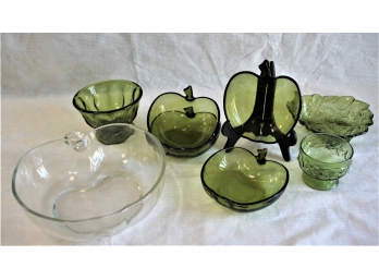 Group Of Green Glass & Clear Apple Form Dishes Along With Vase And Bowls