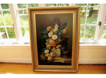 Large Oil On Canvas Floral Still Life In A Gilt And Painted Frame