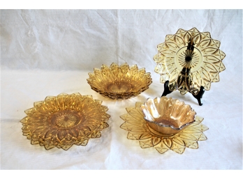 Amber Glass Sunflower Plates & An Iridescent Bowl
