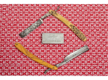 Two Antique Celluloid Straight Razors & Gum Container