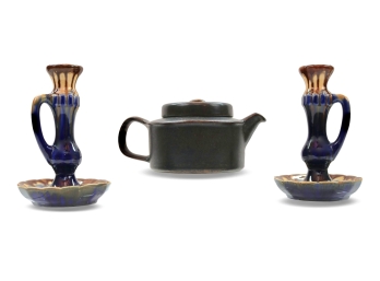 Pair Of Belgian Vintage Blue Drip Art Deco Faiencerie Pottery Candlestick Holders + Ruska By Arabia Of Finland Teapot