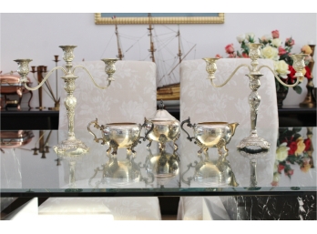 Set Of W.M. Rogers Silver-plated Convertible Candelabras And F.B. Rogers Sugar And Creamer Set