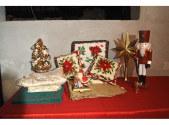 Christmas Linens, Pillows, Nutcracker And Small Tree