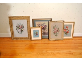 Five Framed Floral Needlepoints