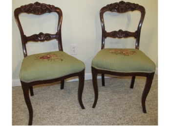 Pair Of Restored Antique Victorian Walnut Chairs With Tapestry Seats