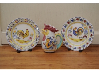 *Ceramic Rooster Themed Group - 2 Quimper Plates And A Pitcher