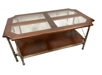 Cherry And Polished Nickel Coffee Table  With Beveled Glass. 48' X 27' X 19'