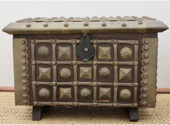 Antique Wood And Applied Brass Miniature Trunk