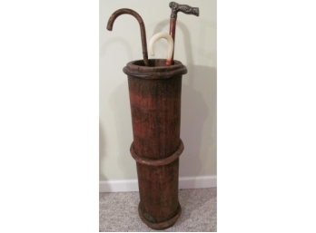 Antique Banded Pine Cane Umbrella Stand With Canes