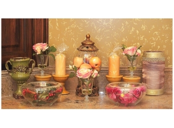Fourteen Pieces - Candles, Candlesticks, Bowls And Glassware All With Floral Motif