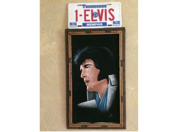 Classic Framed Velvet Elvis  & Novelty Tennessee Elvis License Plate