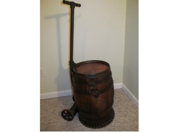 Antique Oak Banded Barrel With Iron Wirt & Knox Hand Truck