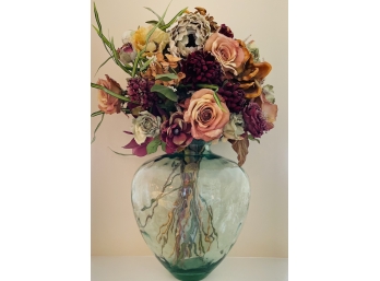 Stunning Arrangement Silk Roses In Crackle Glass Vase
