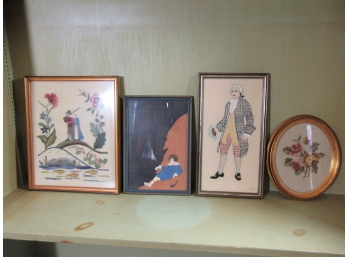 Four Vintage Needlepoint / Fabric Pictures