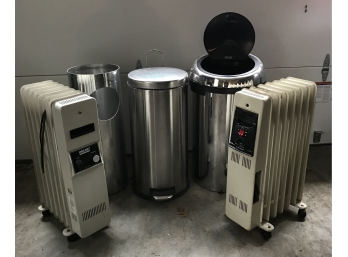 Wellbilt Aand A Holmes Electric Heater Along With Three Trash Cans
