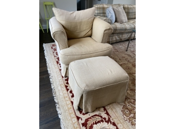 Classic Arm Chair With Ottoman With Linen Slipcover