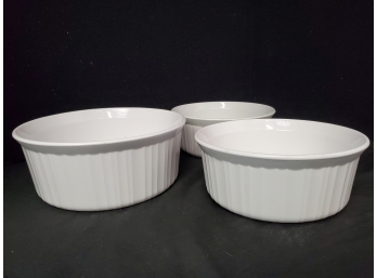 Three Corning Ware French White Casserole Bowls - No Lids