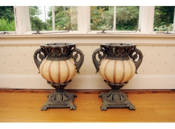 Pair Decorative Classical Style Painted Composition Urns
