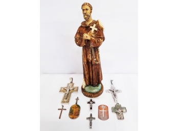 Vintage Handpainted Pasquini Ceramic Religious Statue With Nine Cross Pendants