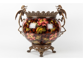 Gorgeous Signed Antique Bronze Dragon Handled Pottery Vase