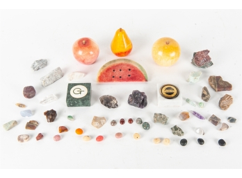 Collection Of Small Stone Specimens & Fruit Figurines