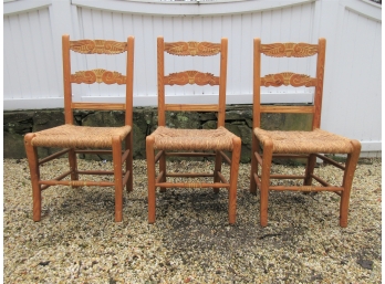 Set Of 3 Carved Antiqued Rush Seat Pine Chairs