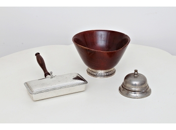 Small Wood Bowl On Weighted Sterling Silver Base Along With A Bell & Table Silent Butler