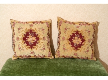 Pair Charming French Tapestry Pillows In A Floral Motif