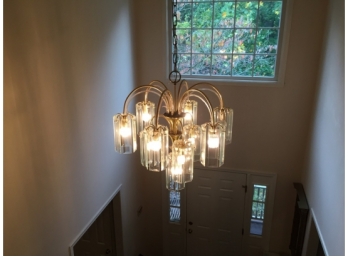 Brass And Crystal Prism Ten Bulb Entry Way Chandelier (Special Pick Up Required, See Description)