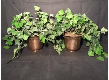 Copper Toned Tin Planter Pots With Faux Ivy