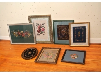Seven Framed Floral Needlepoints