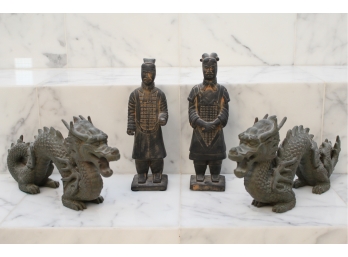 A Pair Of Chinese Dragons And Terra Cotta Chinese Warrior Sculptures