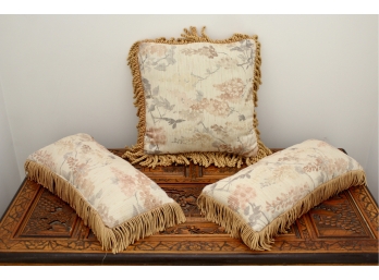 Three Damask Golden Pillows With Fringe Trim