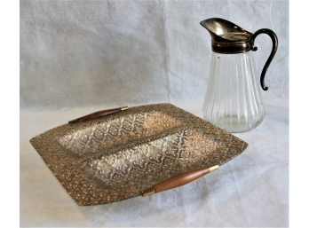 Two Part Serving Dish And A Clear Glass Pitcher