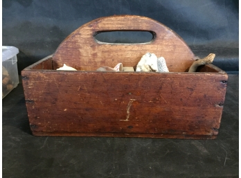 Antique Tool Tote Filled With Shells And Bin Of Collected Stoppers And Corks