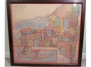 Large Antique 1907 Map Of New York Framed Under Glass