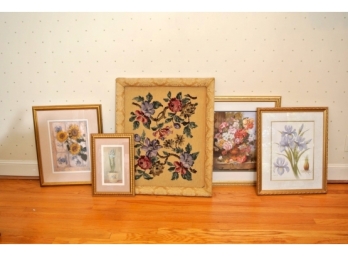 Antique Floral Needlepoint With A Damask Covered Frame