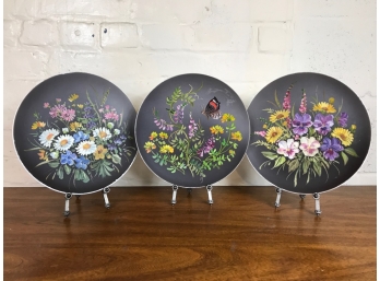 Trio Of Hand Painted Floral Plates, Signed