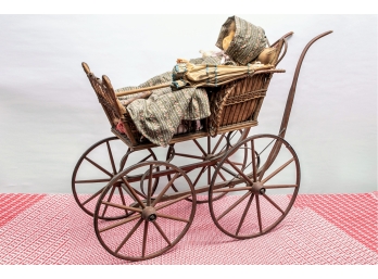 Antique Wicker Doll Carriage, Doll And Parasol