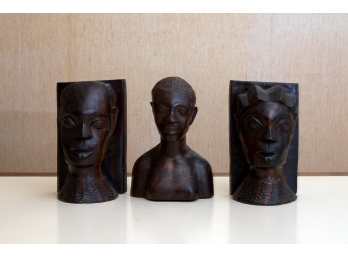 Two Carved African Bookends & A Carved Bust
