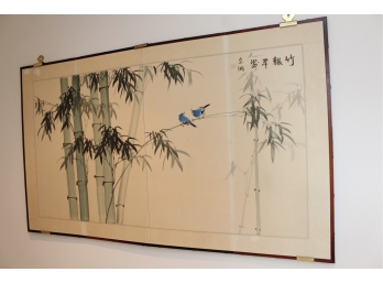 Signed Bamboo And Blue Bird Folding Screen Art