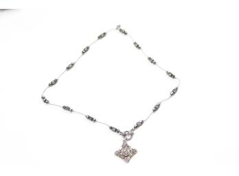 Lay Flat Flapper Style Art Deco Chain Necklace With Slate Charcoal Blue Stone With Diamond Inset