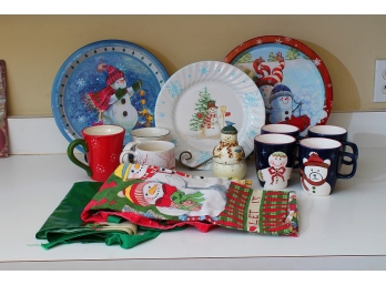 Christmas Village Plates, Cups & Aprons - 14 Pieces