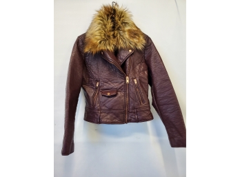 Andrew Marc - Marc New York Ladies Size Large Burgundy Faux Leather Jacket With Faux Fur Collar