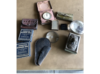 Antique Assortment - Clock, Sewing Kit, Magnifying Glass, Ink Blotter, Paperweight, Lighter - NEWLY ADDED LOT